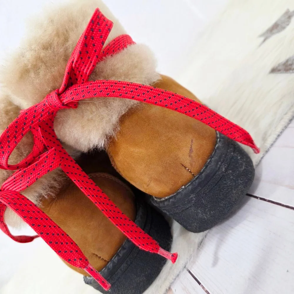 J. Crew Nordic boots pecan brown leather shearling lined red laces women's sz 7